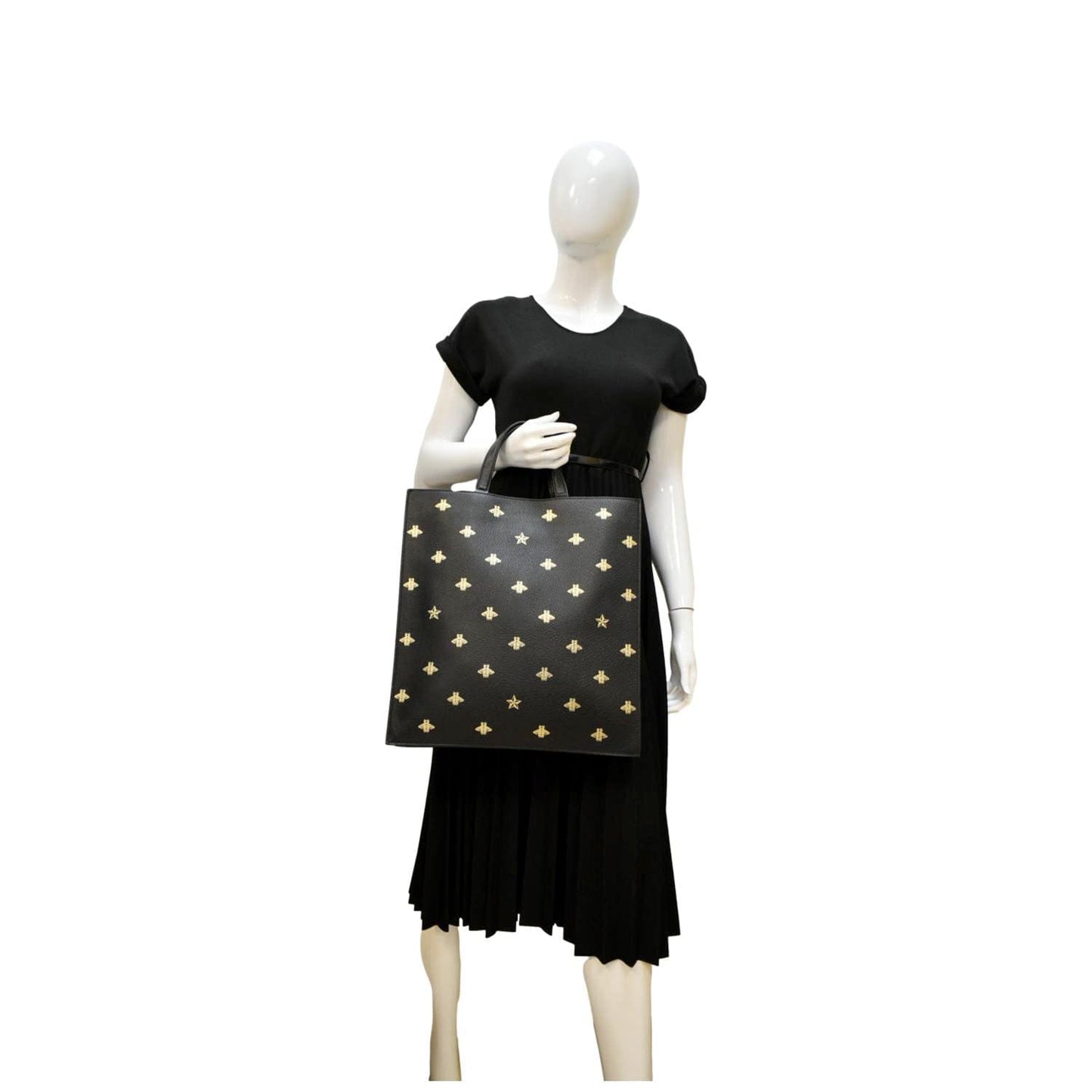 Gucci Bee Star Grained Calfskin Vertical Tote Leather Black Tote Bag