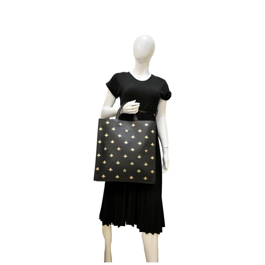 Gucci Bee Star Grained Calfskin Vertical Tote Leather Black Tote Bag