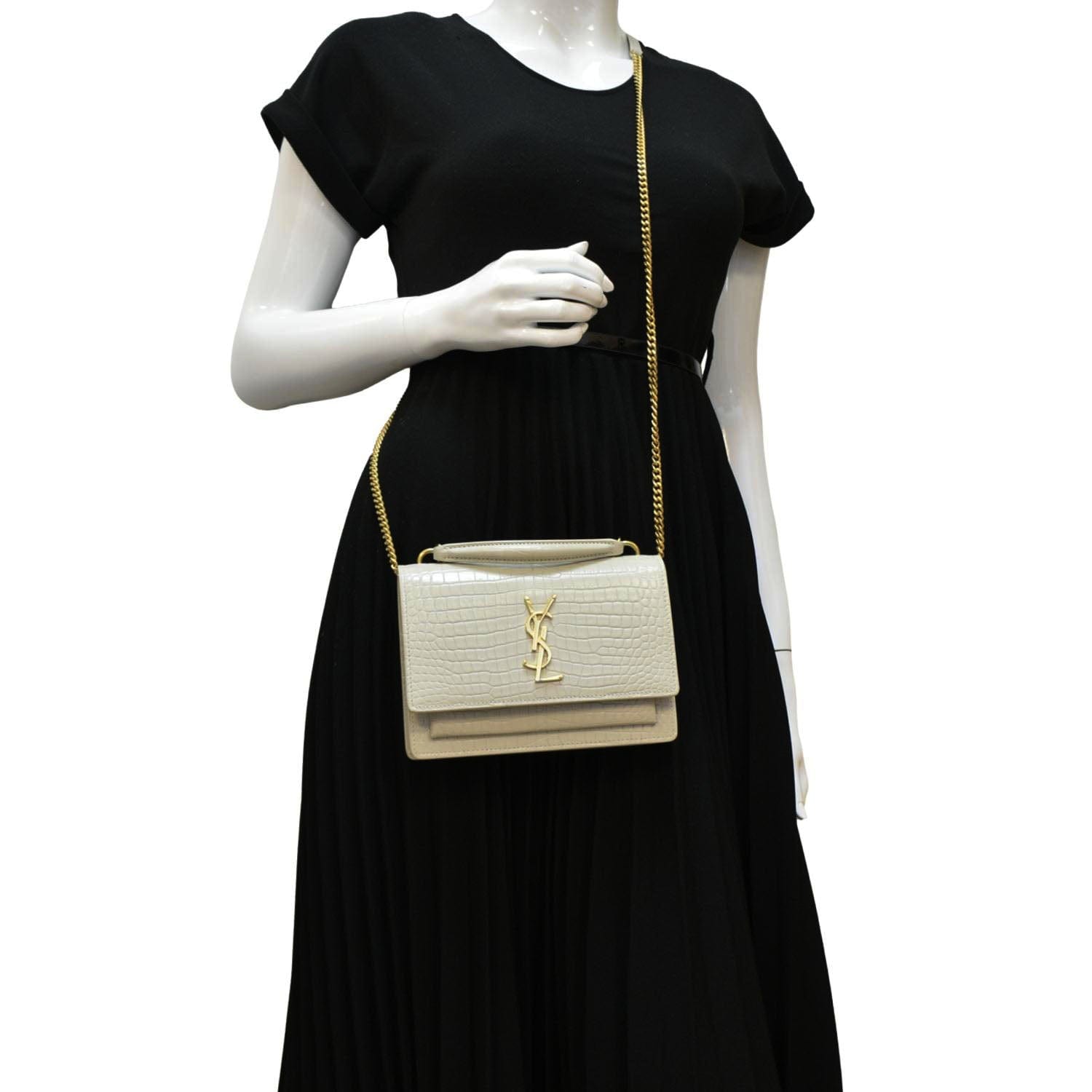 YSL Saint Laurent Saint Sunset Crocodile Embossed Crossbody Bag Ivory Leather