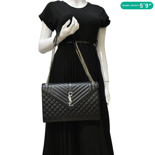 YSL Saint Laurent Yves Envelope Mix Shoulder Bag Leather Matelasse Black