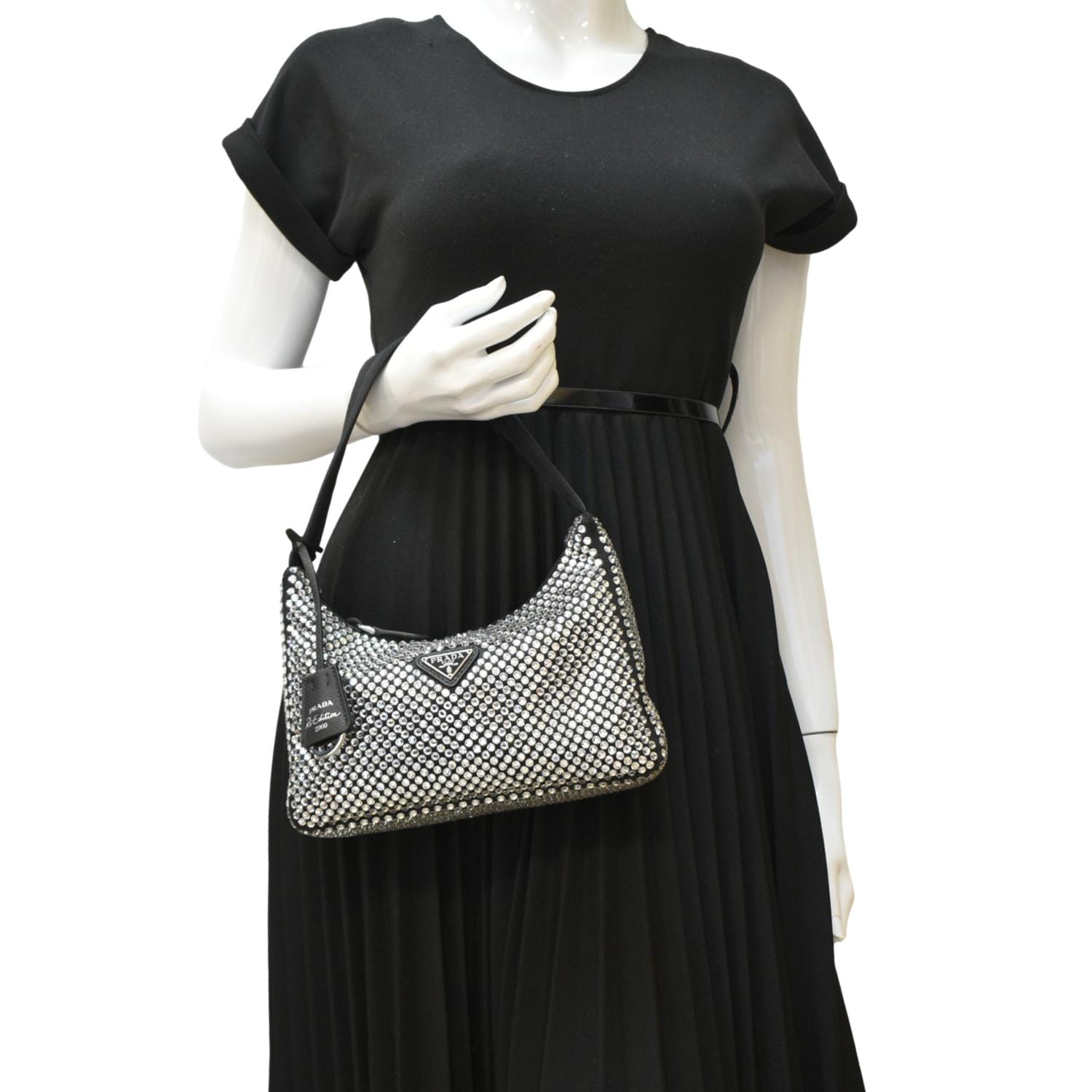 Prada Re Edition Crystal Embellished Tote Bag Satin Black Mini