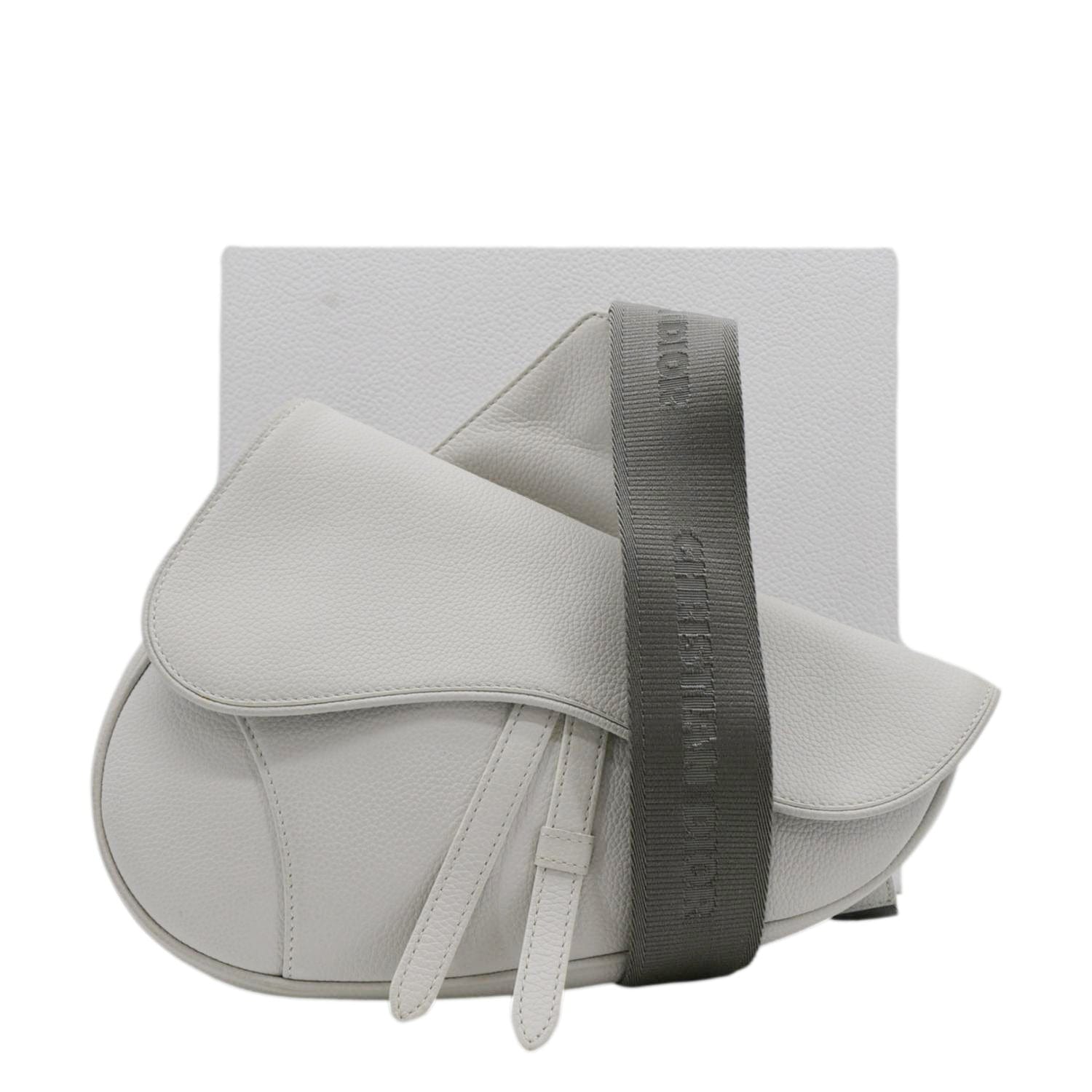 Dior Christian Mens Saddle Grained Calfskin Satchel Bag Leather White