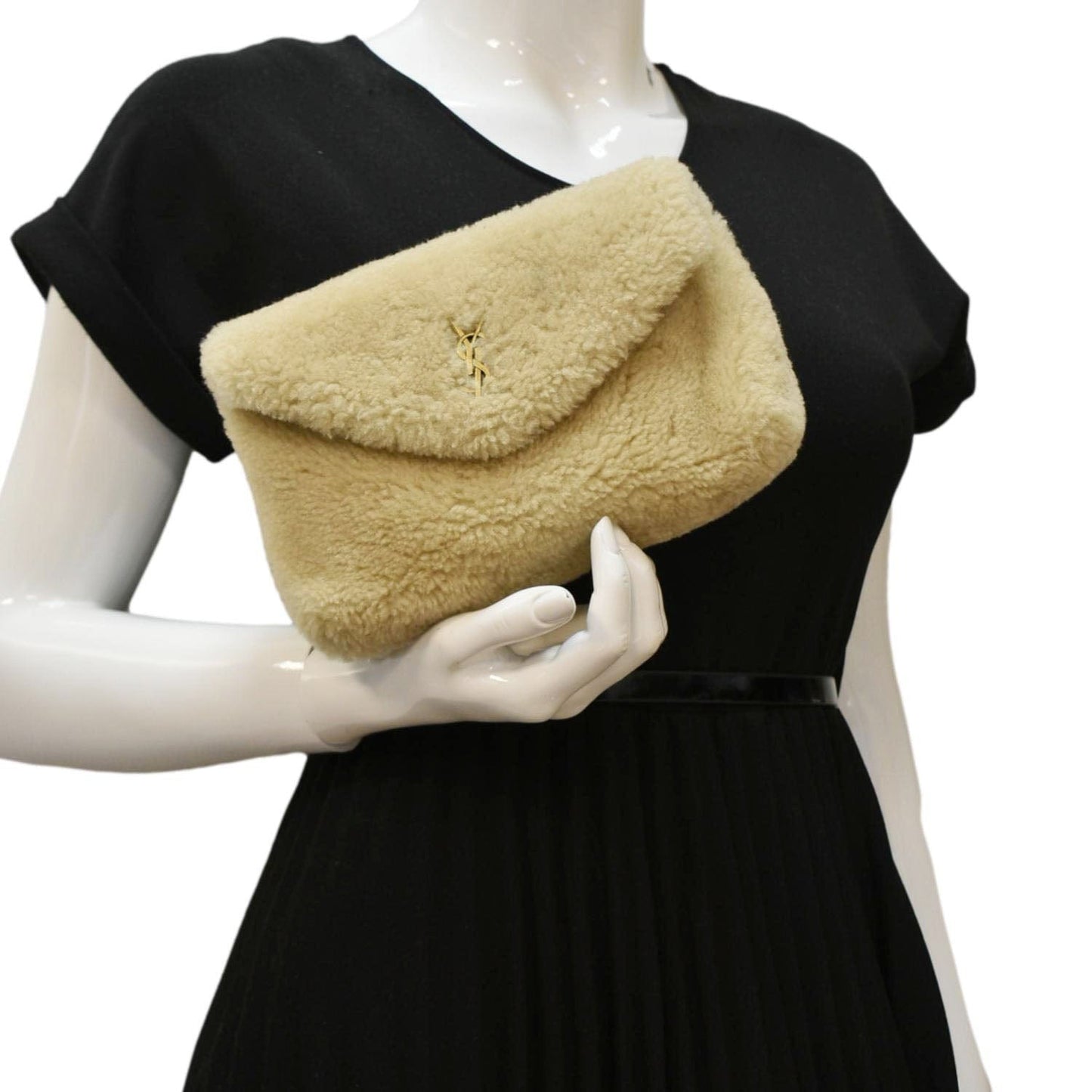YSL Saint Laurent Saint Loulou Puffer Shearling Pouch Travel Bag Beige Small