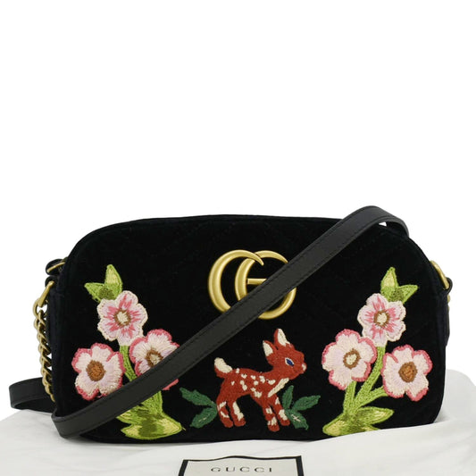 Gucci Marmont Small Deer Embroidered Velvet Camera Bag Matelasse Black Crossbody Bag