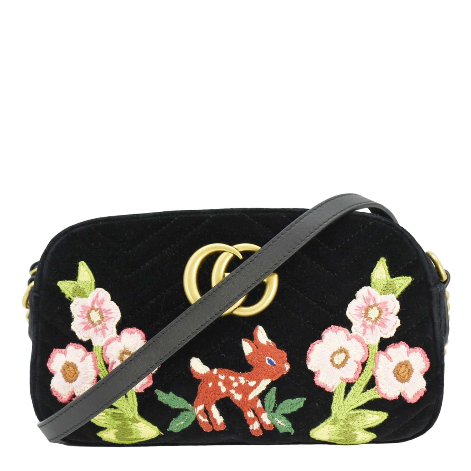 Gucci Marmont Small Deer Embroidered Velvet Camera Bag Matelasse Black Crossbody Bag