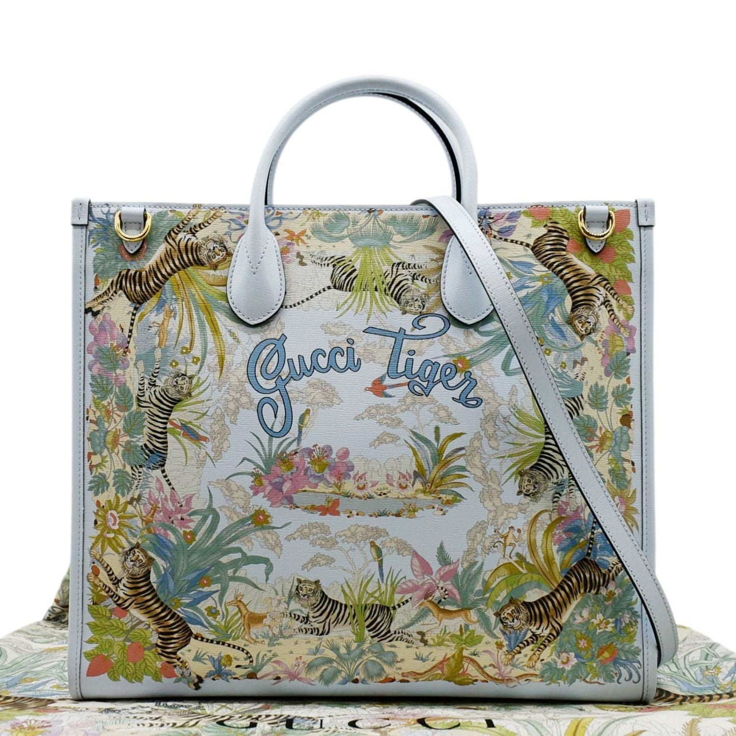 Gucci Tiger Tote Shoulder Bag Light Leather Blue