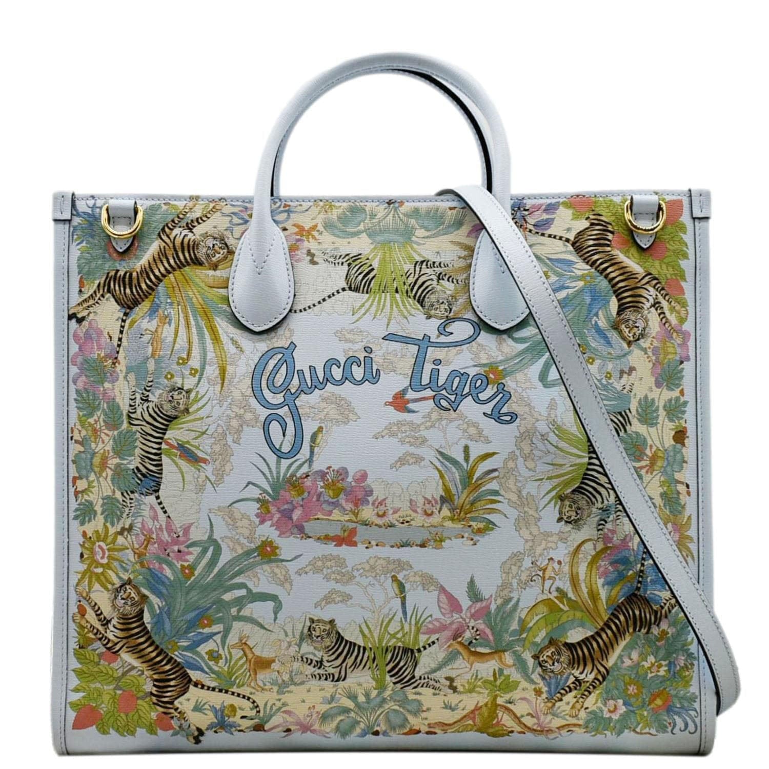 Gucci Tiger Tote Shoulder Bag Light Leather Blue