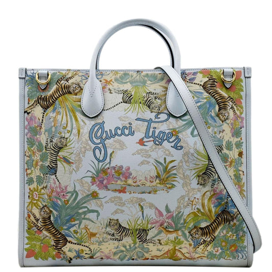 Gucci Tiger Tote Shoulder Bag Light Leather Blue