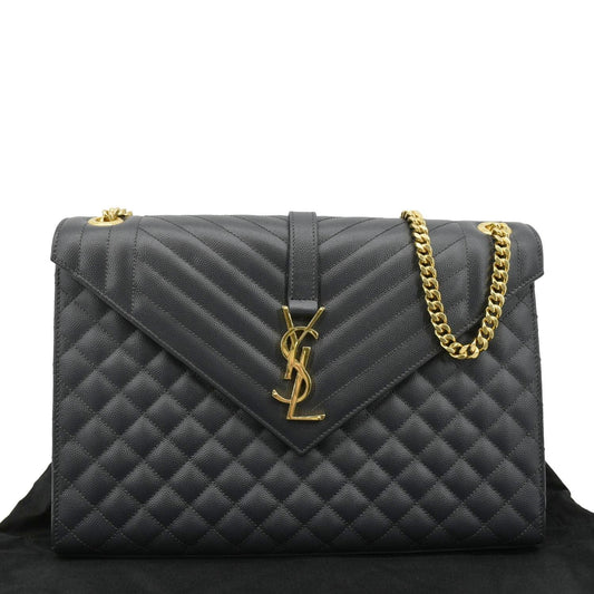 YSL Saint Laurent Yves Envelope Chevron Shoulder Bag Dark Grey Leather Gray Large
