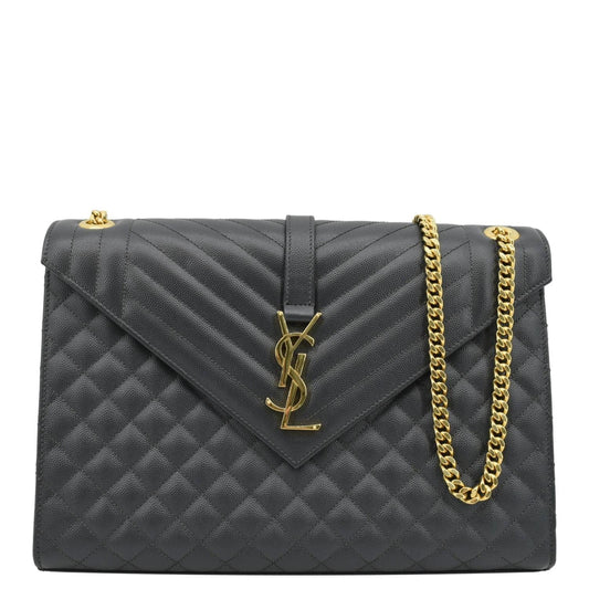 YSL Saint Laurent Saint Envelope Chevron Shoulder Bag Dark Grey Leather Large