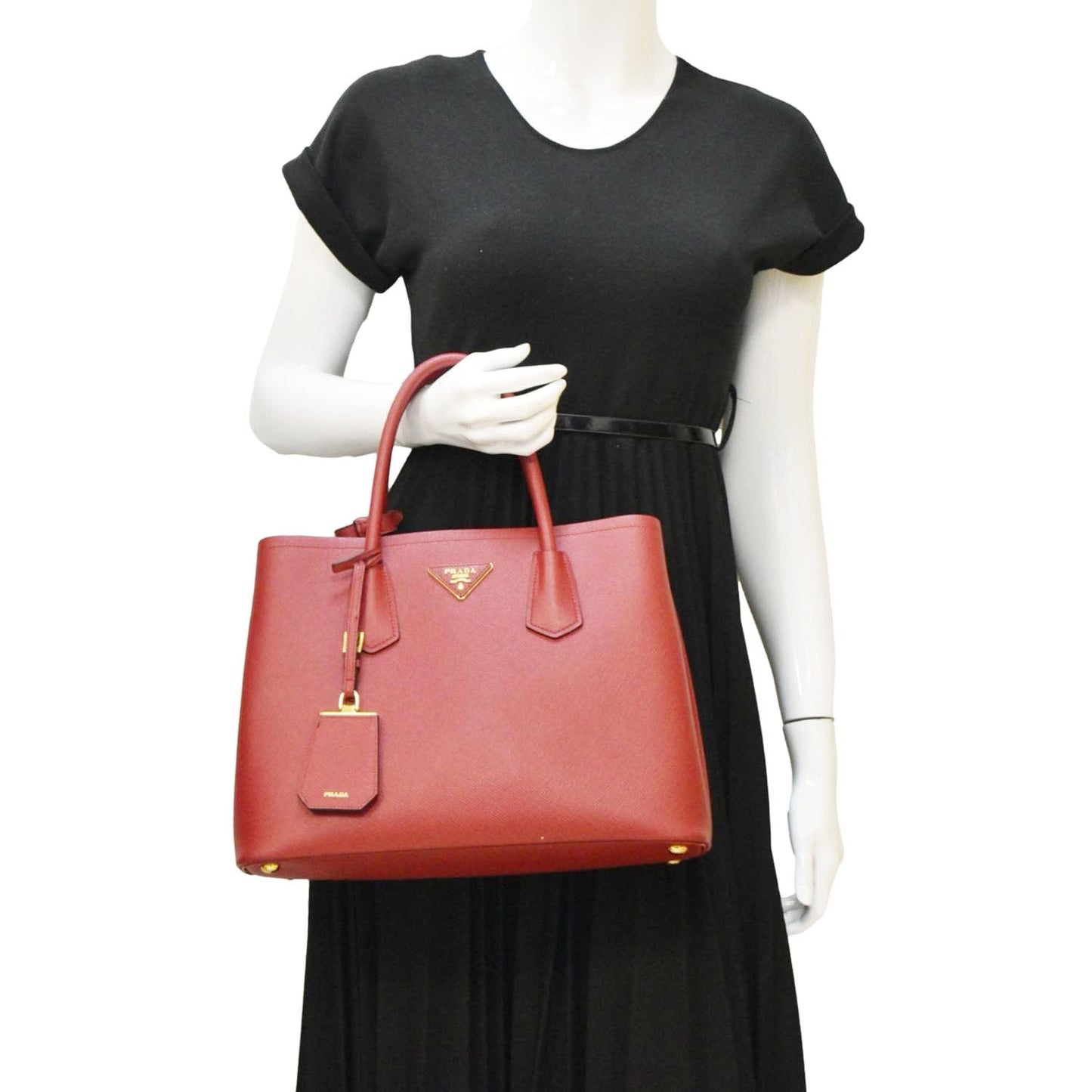 Prada Double Handle Tote Shoulder Bag Leather Saffiano Red