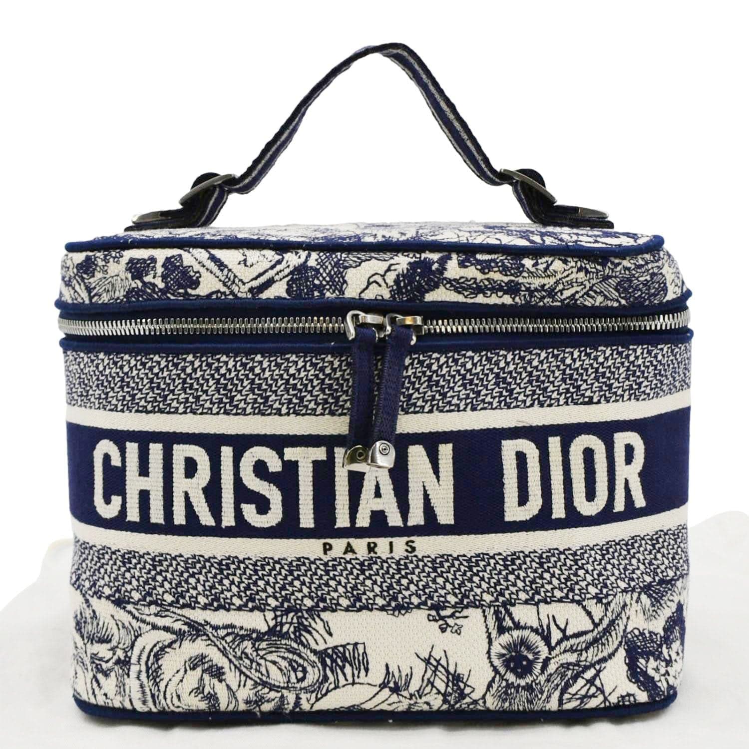 Dior Travel Oblique Embroidery Vanity Case Travel Bag Canvas Blue