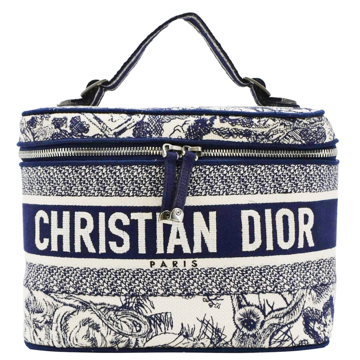 Dior Travel Oblique Embroidery Vanity Case Handbag Canvas Blue Travel Bag