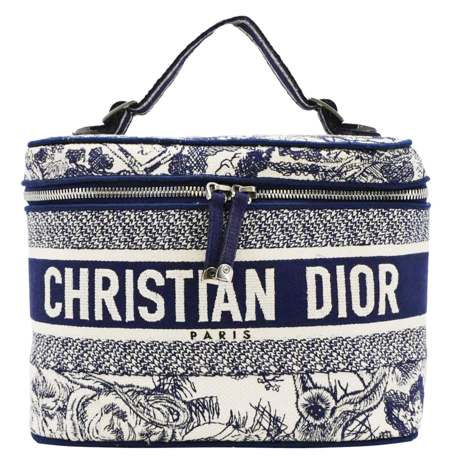 Dior Travel Oblique Embroidery Vanity Case Handbag Canvas Blue Travel Bag
