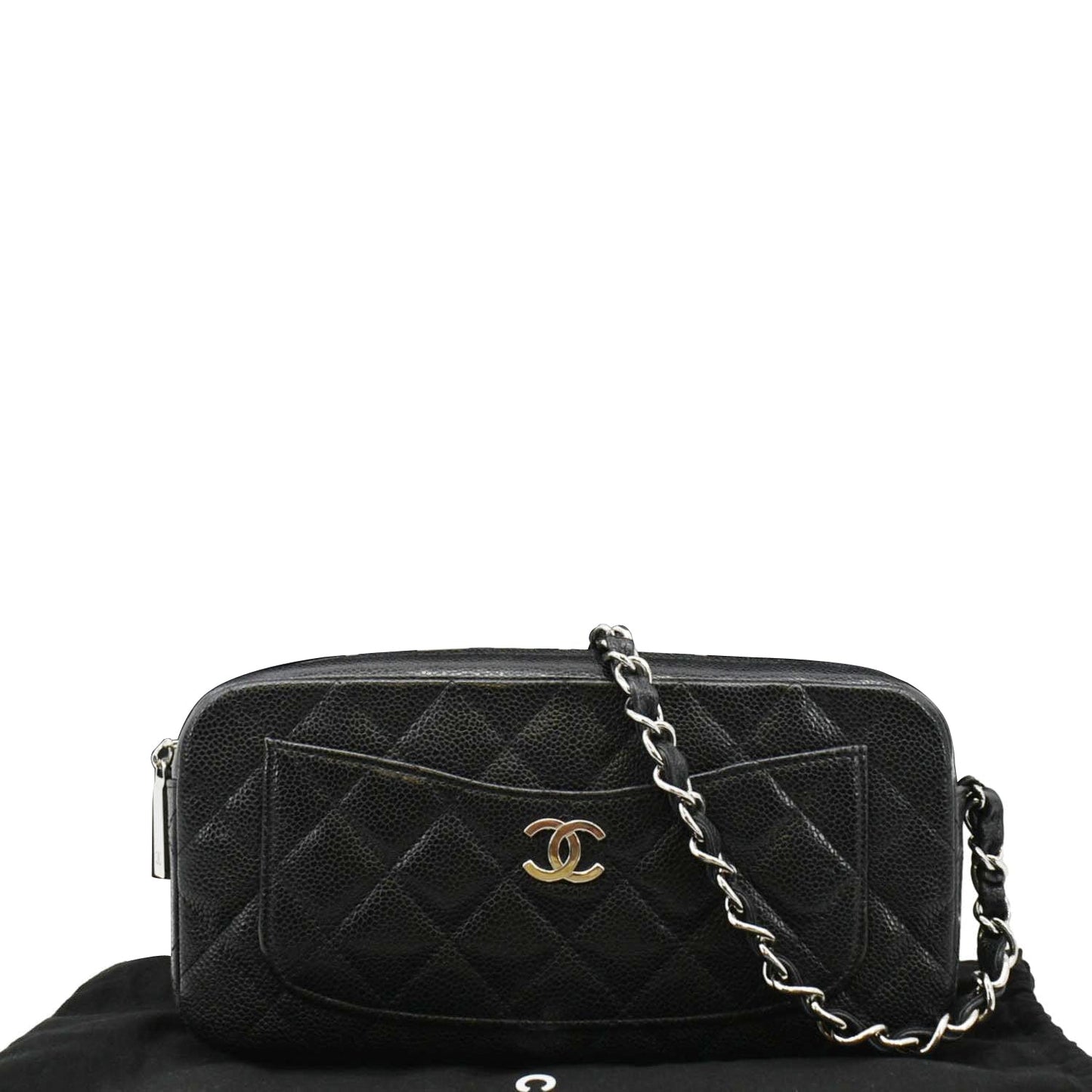 Chanel Front Pocket Quilted Caviar Leather Black Travel Bag Bag Black