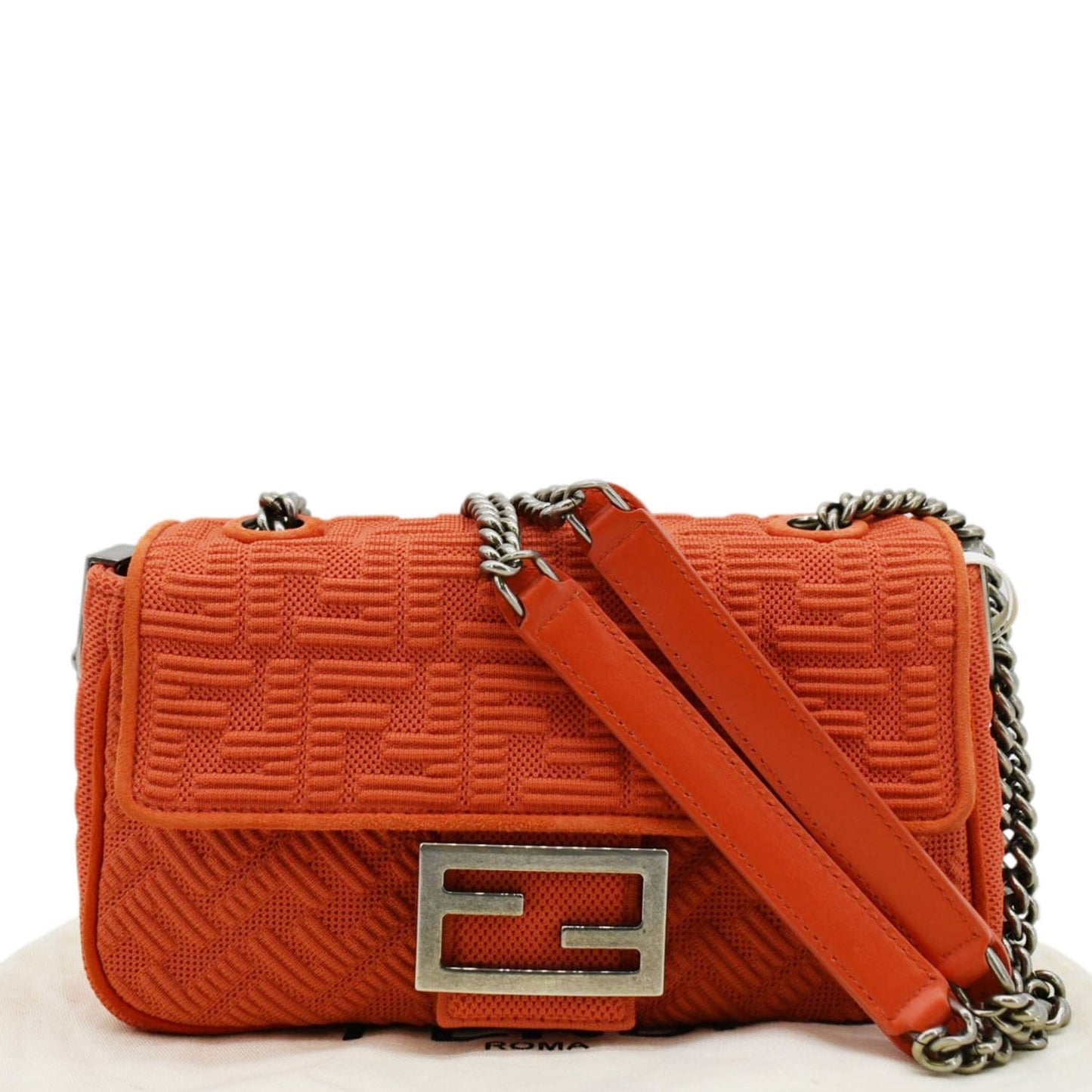Fendi Baguette Technical Fabric Ff Midi Shoulder Bag Orange Chain