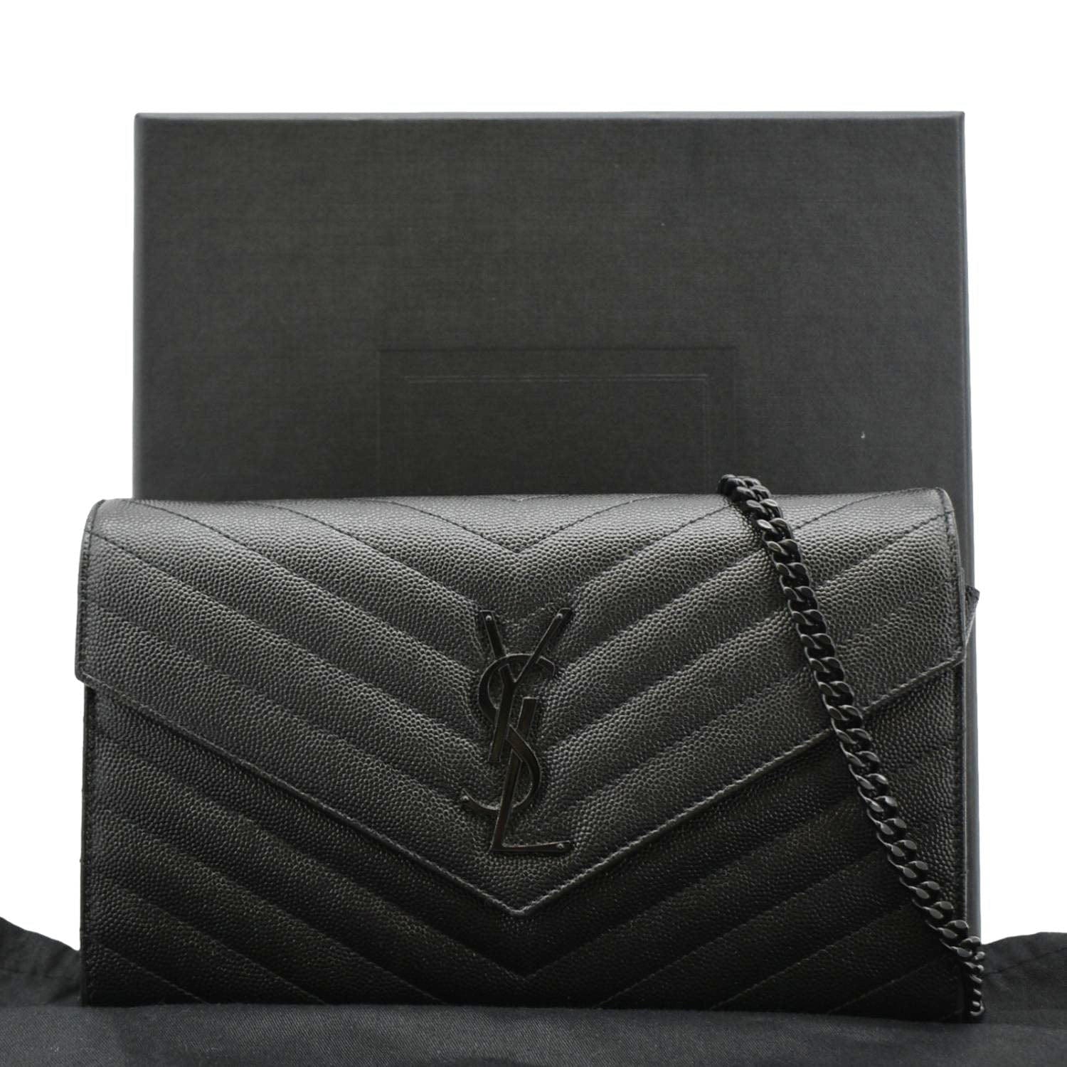 YSL Saint Laurent Yves Cassandre Envelope Grain De Poudre Crossbody Bag Leather Black Chain