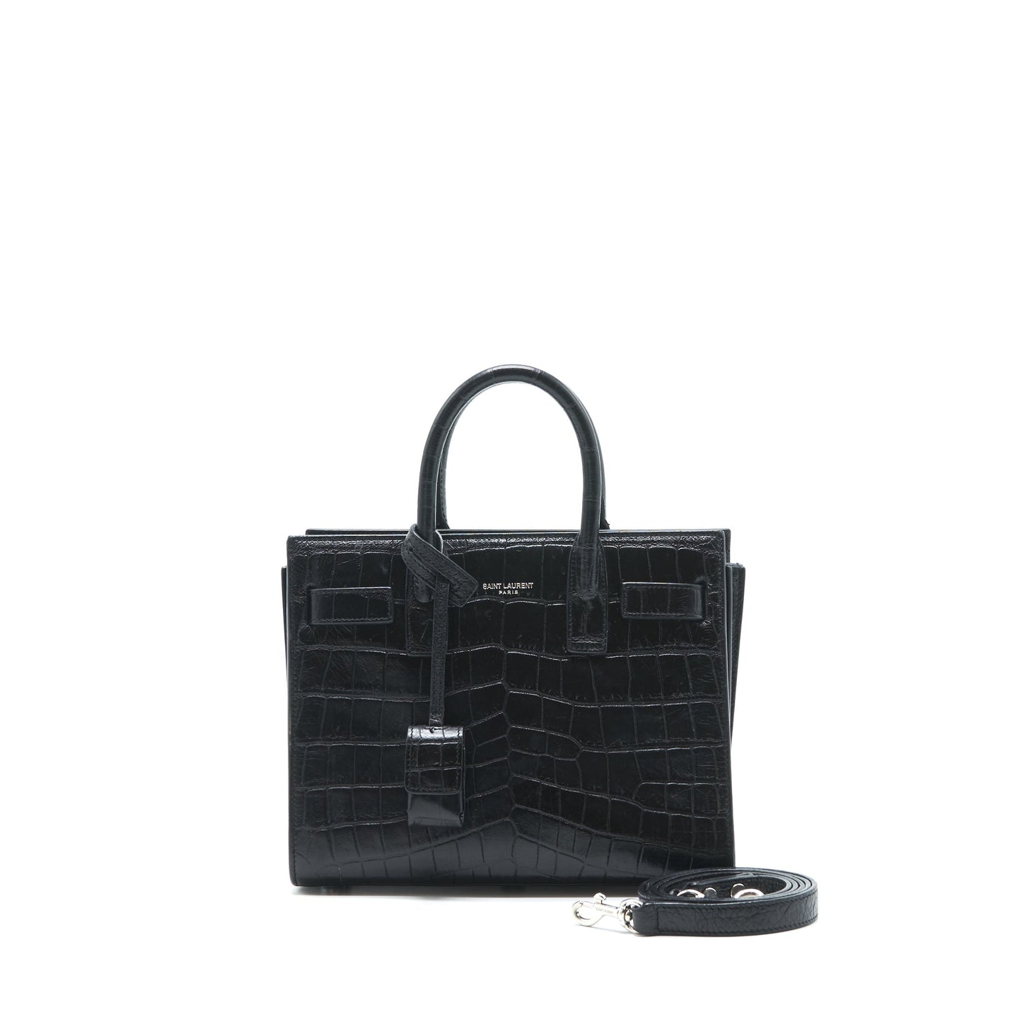 YSL Saint Laurent Sac De Jour Nano Crocodile Handbag Black Embossed Travel Bag