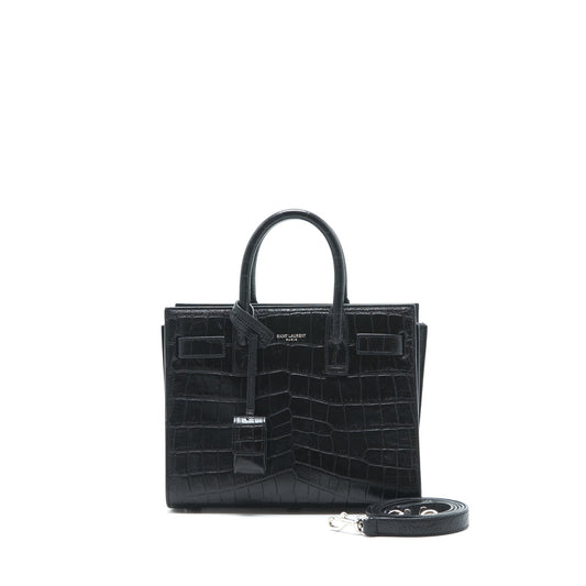 YSL Saint Laurent Sac De Jour Nano Crocodile Handbag Black Embossed Travel Bag