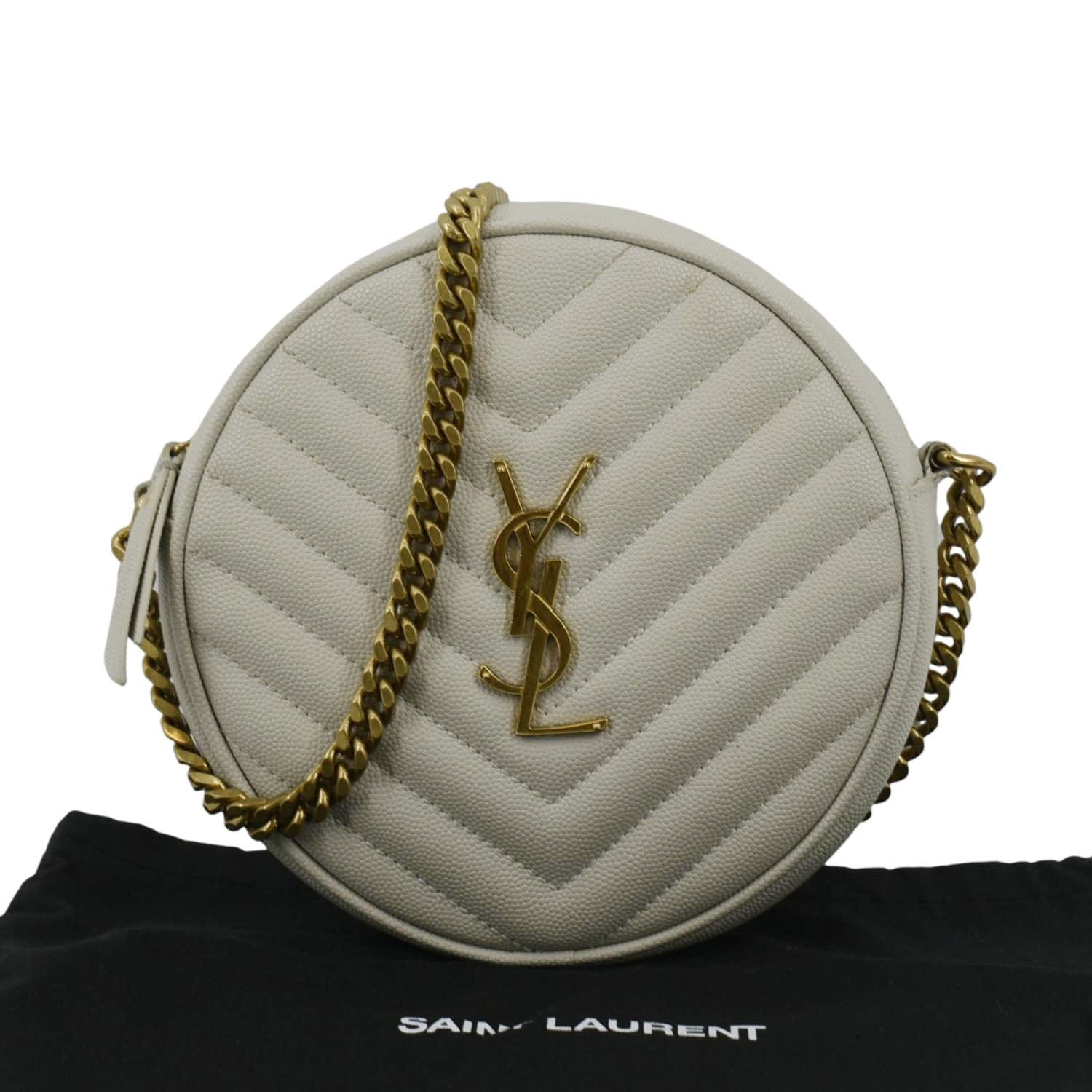YSL Saint Laurent Yves Vinyle Round Chevron Camera Crossbody Bag Grey Leather Gray