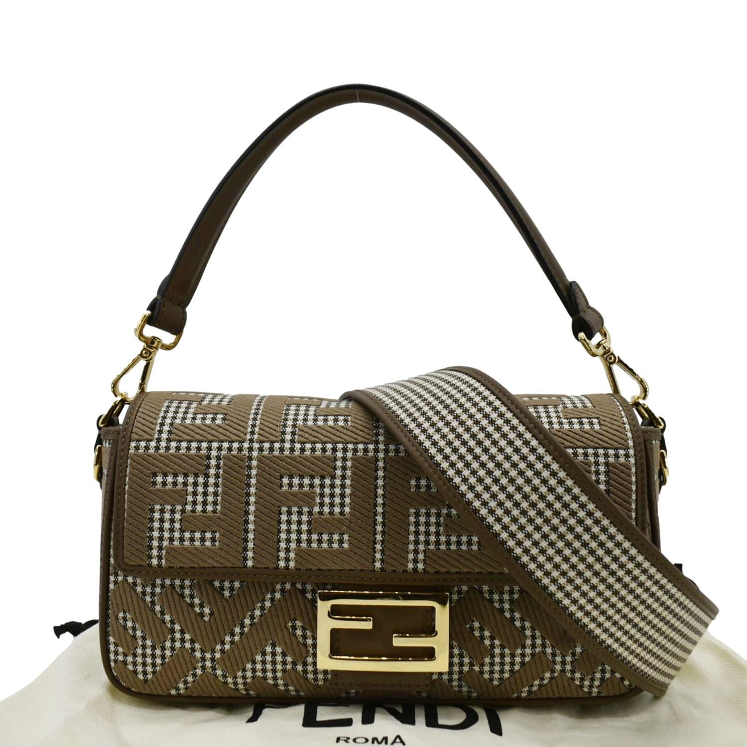 Fendi Houndstooth Baguette Zucca Wool Shoulder Bag Olive Medium