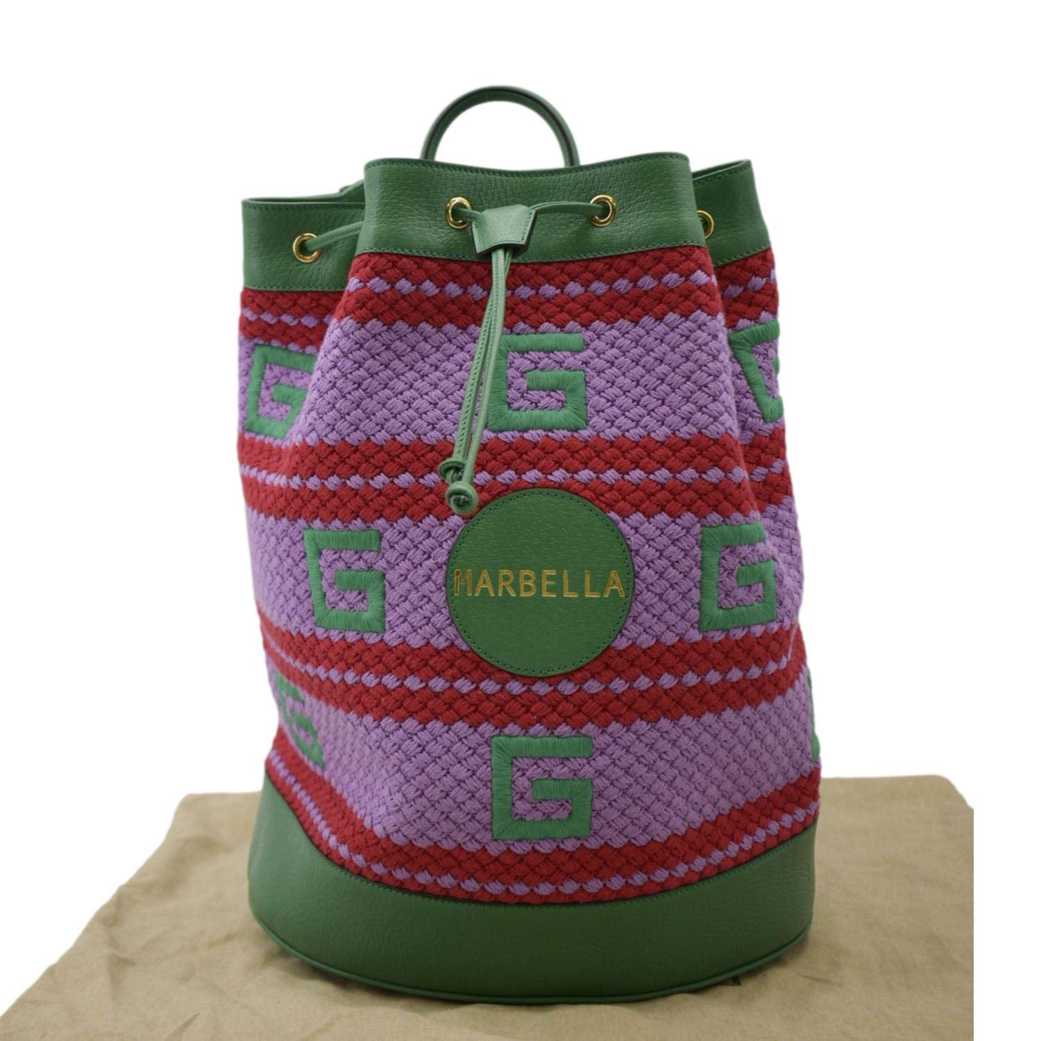 Gucci Capri Striped Drawstring Fabric Backpack Bag Multicolor Woven Bucket Jewelry