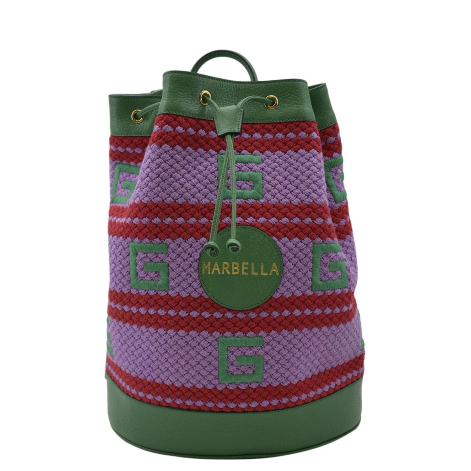 Gucci Capri Striped Drawstring Fabric Backpack Bag Multicolor Woven Bucket Jewelry