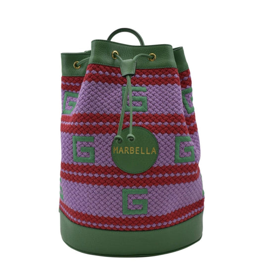 Gucci Capri Striped Drawstring Fabric Backpack Bag Multicolor Woven Bucket Jewelry