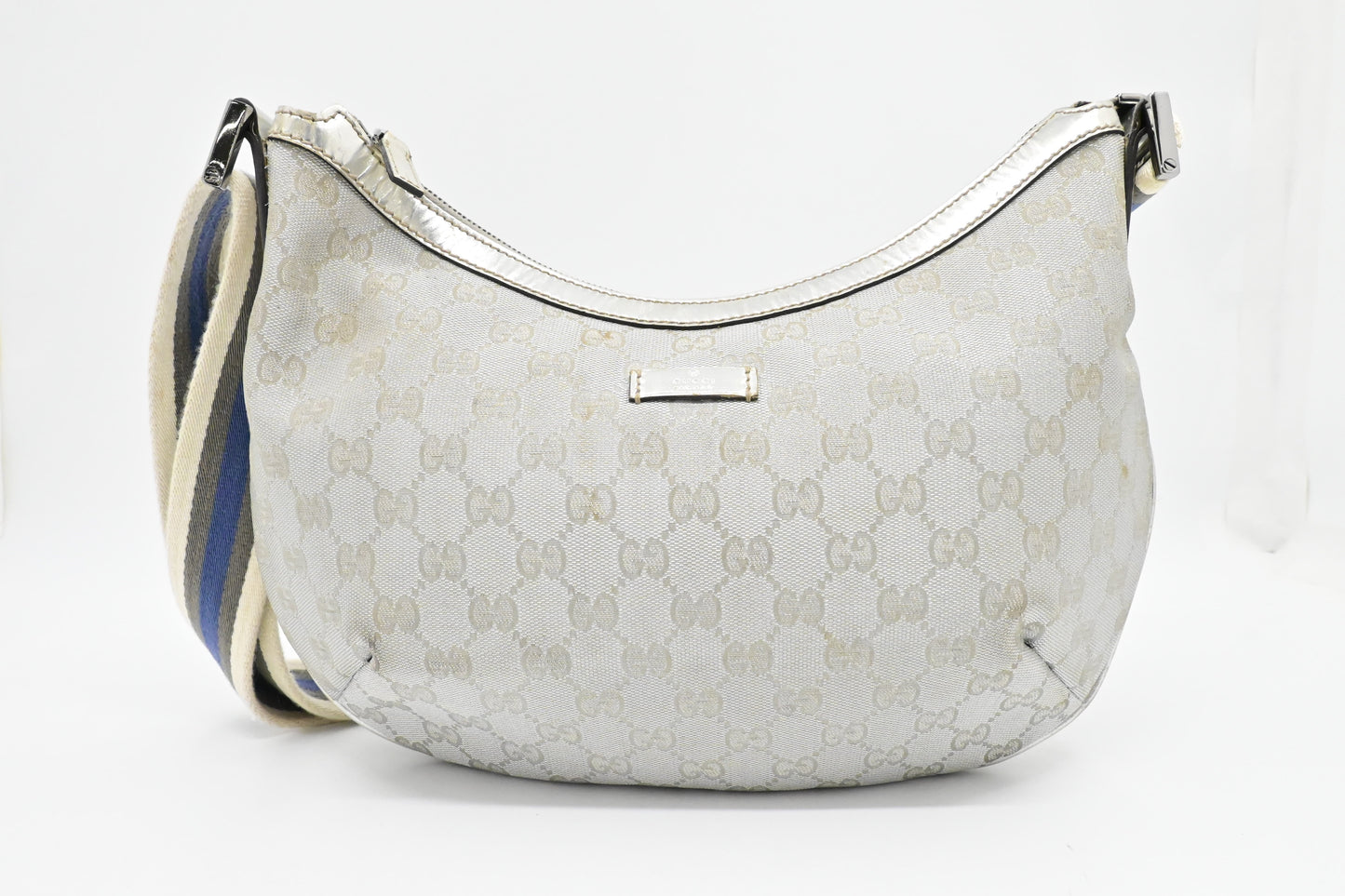 Gucci Crossbody Hobo Bag In Canvas Silver Crossbody Bag