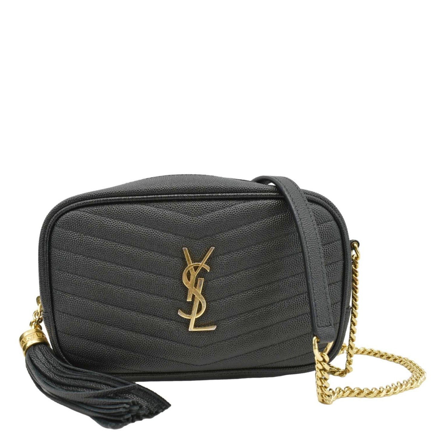 YSL Saint Laurent Yves Lou Chevron Camera Crossbody Bag Leather Black Mini