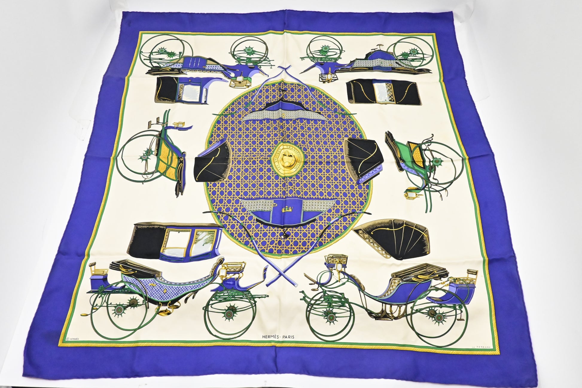 Hermes 'Les Voitures A Transformation' Carre In Silk Blue Travel Bag