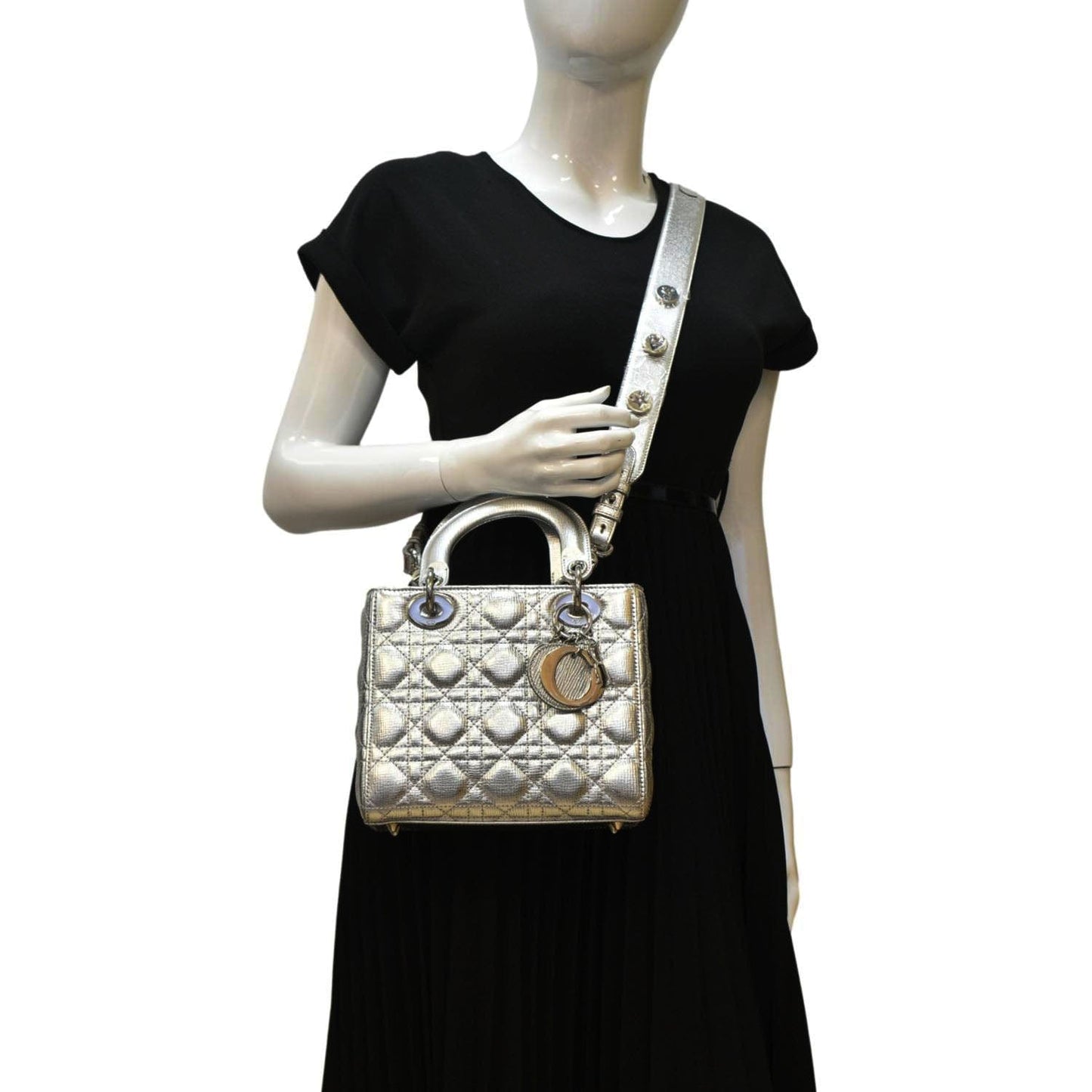 Dior Lady Shoulder Bag Metallic Leather Lambskin Silver Dior Metallic Silver