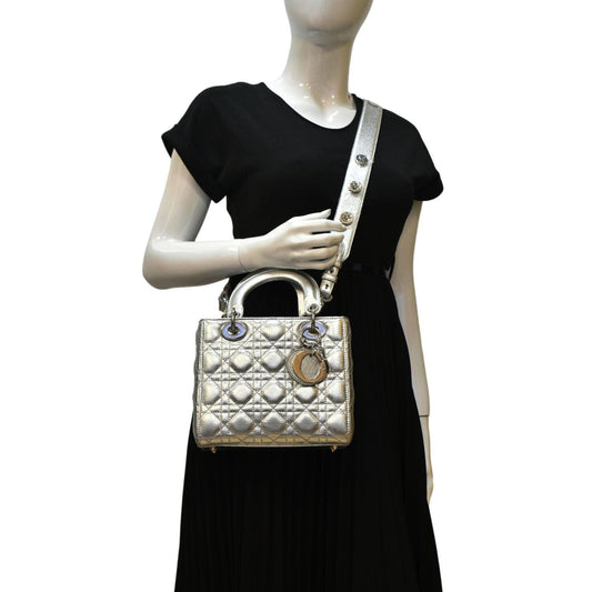 Dior Lady Shoulder Bag Metallic Leather Lambskin Silver Dior Metallic Silver