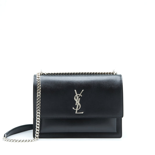 YSL Saint Laurent Sunset Purse Calfskin Travel Bag Black Medium