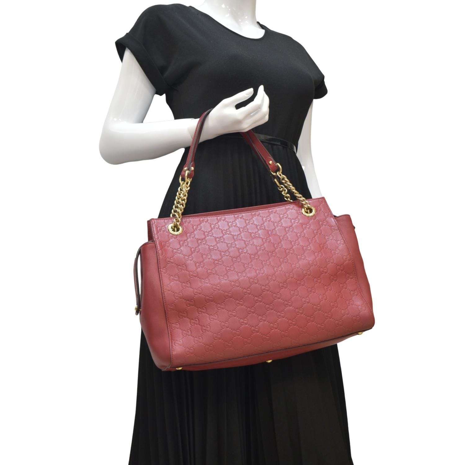 Gucci Soft Signature Chain Shoulder Tote Bag Leather Red Shoulder Bag