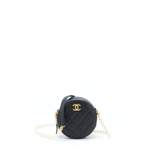 Chanel Pearl Round Calfskin GHW Black Clutch Bag