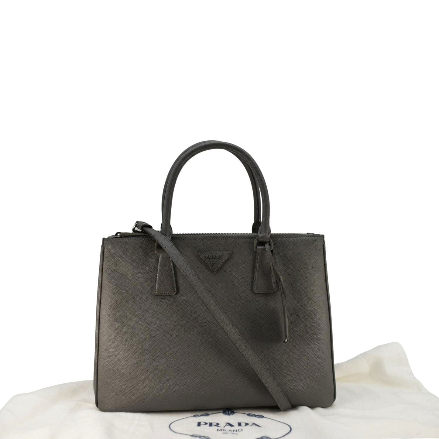Prada Galleria Double Tote Bag Leather Saffiano Gray