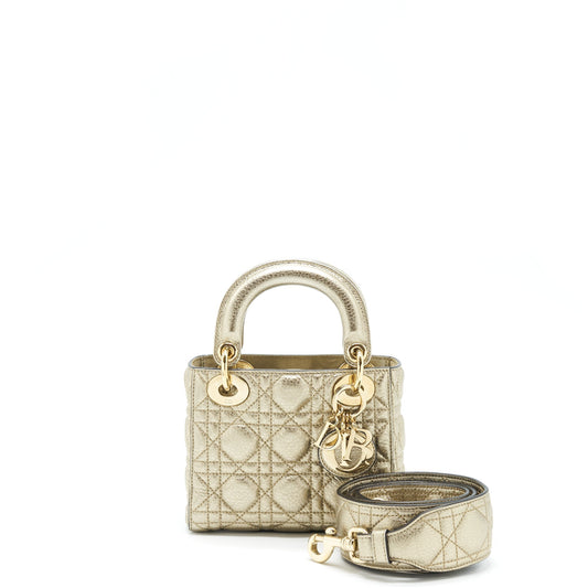 Dior Lady Supple Grained Calfskin Metallic Handbag Gold Mini Travel Bag