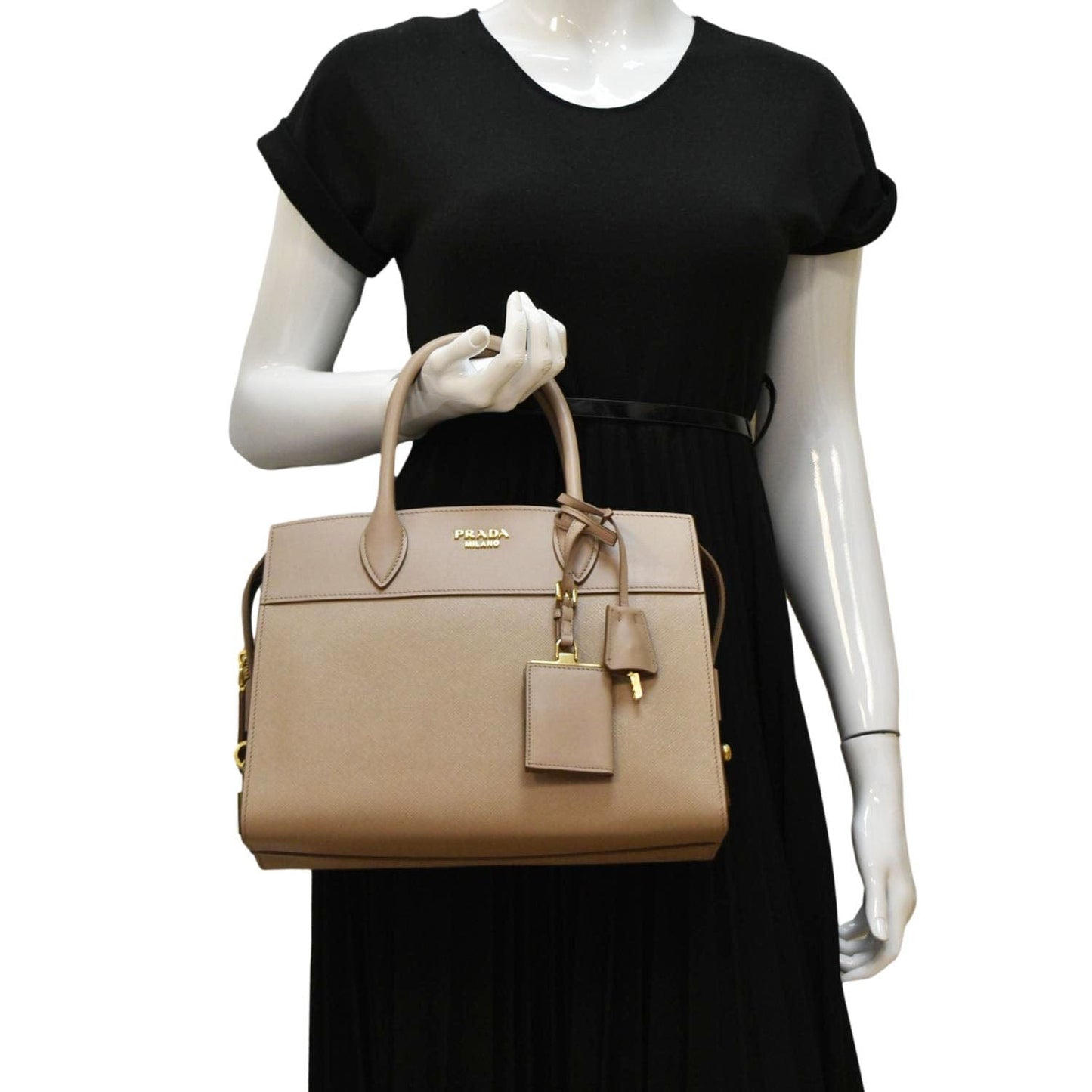 Prada Esplanade Shoulder Bag Leather Saffiano Beige