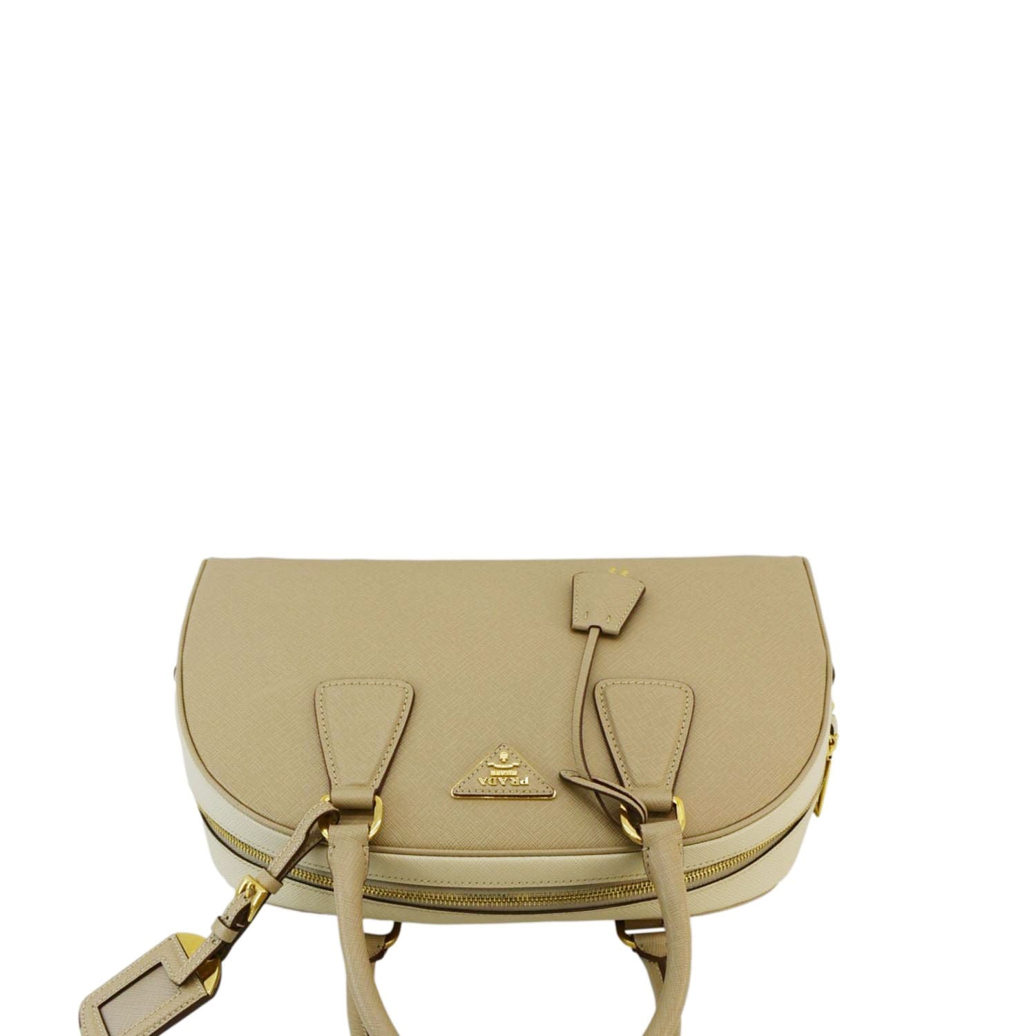 Prada Bowling Satchel Bag Leather Saffiano Cream