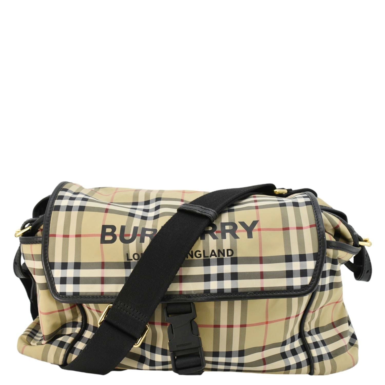 Burberry Luxury Check Diaper Bag Nylon Beige Flap Travel Bag