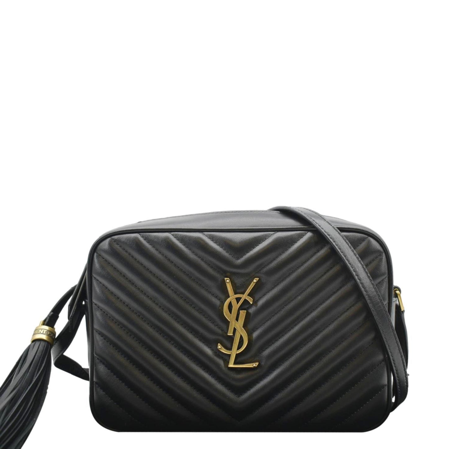 YSL Saint Laurent Yves Lou Chevron Camera Crossbody Bag Leather Black