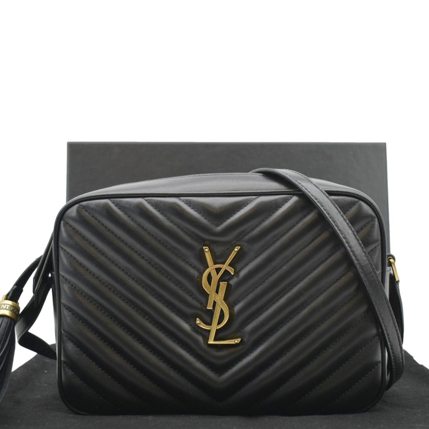 YSL Saint Laurent Yves Lou Chevron Camera Crossbody Bag Leather Black