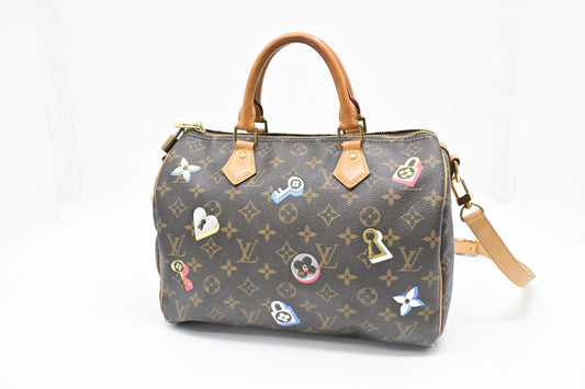 Louis Vuitton Speedy 30 Bandouliere Love Monogram Lock Canvas Handbag