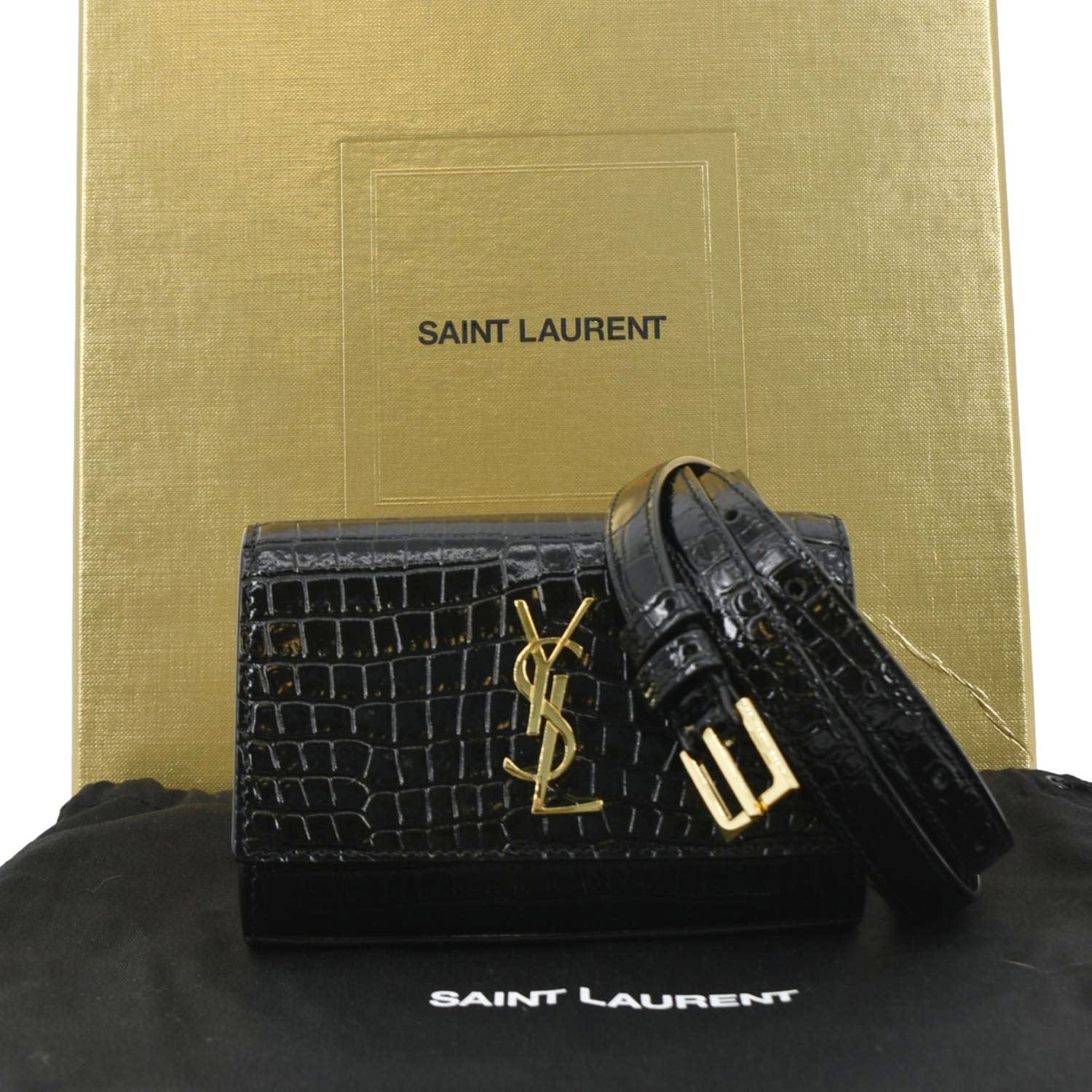 YSL Saint Laurent Yves Kate Crocodile Belt Bag Leather Black Embossed
