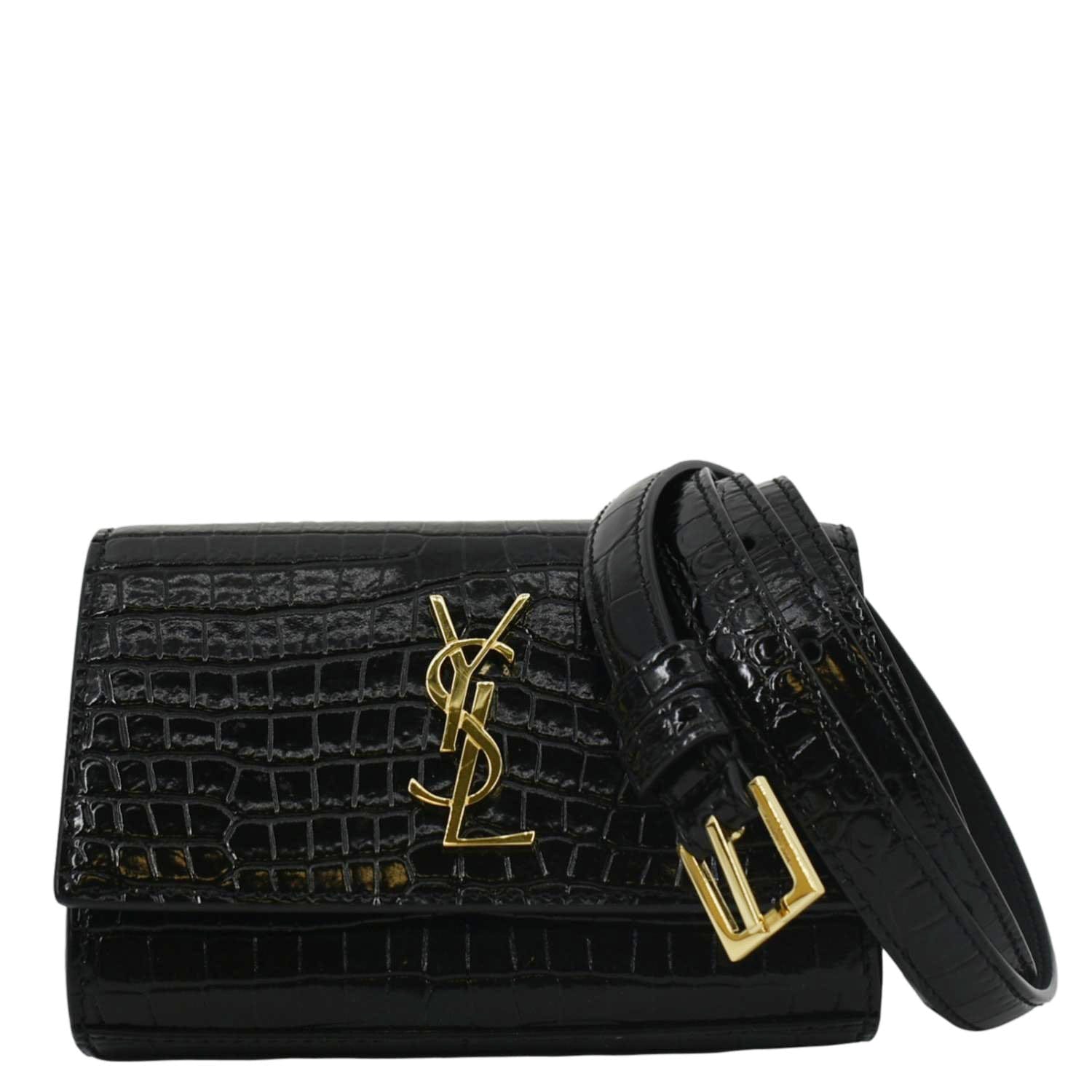 YSL Saint Laurent Yves Kate Crocodile Belt Bag Leather Black Embossed