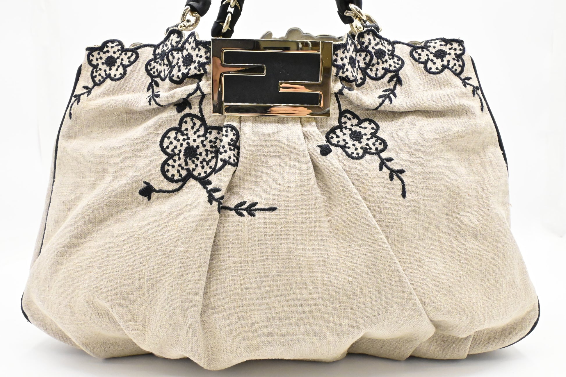 Fendi Tote Flower Embroideries In Canvas Beige Tote Bag