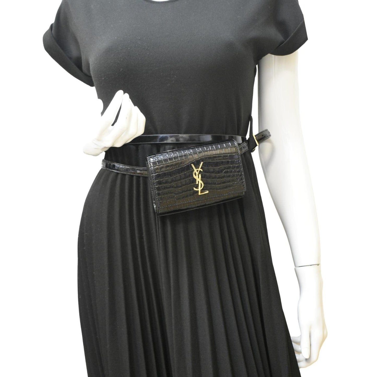 YSL Saint Laurent Yves Kate Crocodile Belt Bag Leather Black Embossed