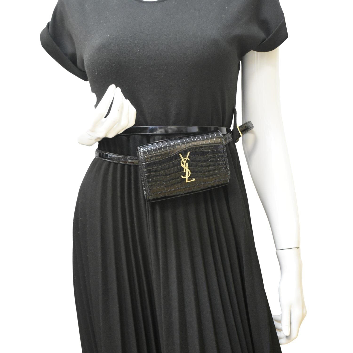 YSL Saint Laurent Yves Kate Crocodile Belt Bag Leather Black Embossed