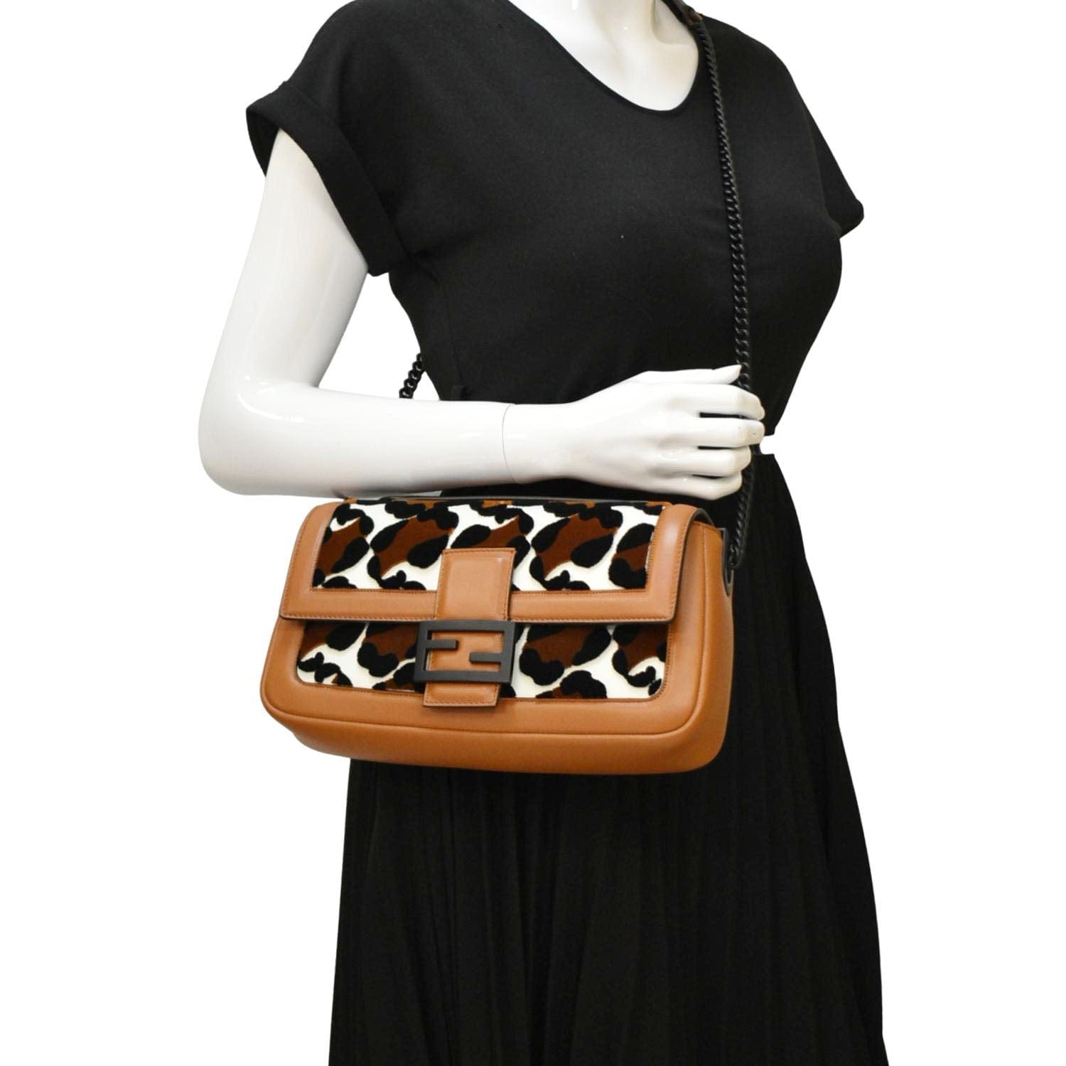 Fendi Baguette Leopard Print Calf Shoulder Bag Leather Calf Leather Brown
